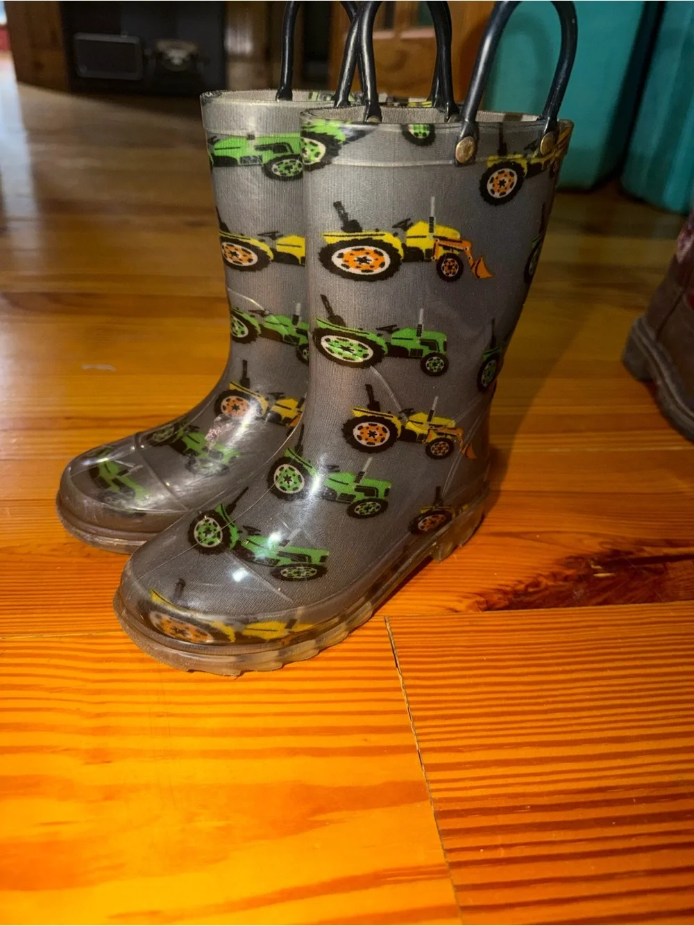 Target Gray Kids Rain Boots with Green and Yellow Tractor Print